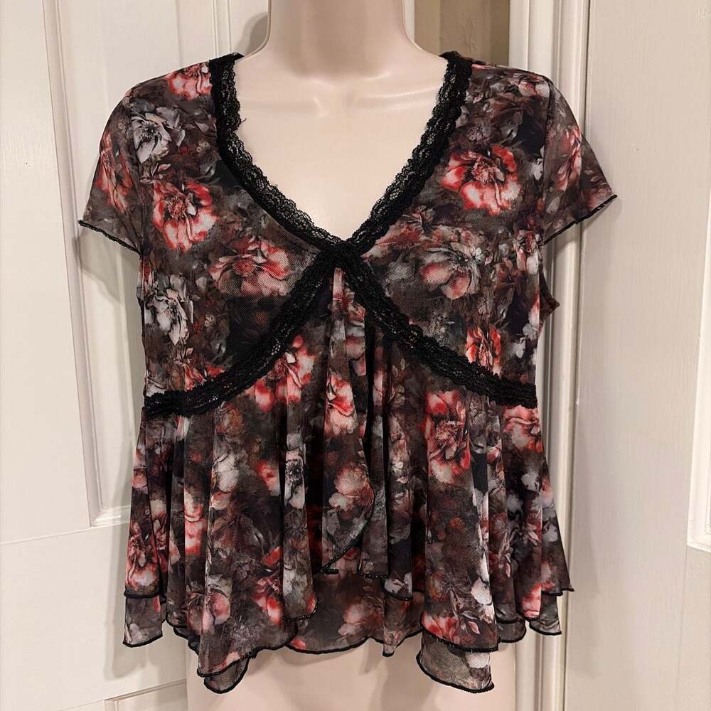 Rebellious Dreamer Floral Mesh Peplum Blouse with Lace Trim Size XL